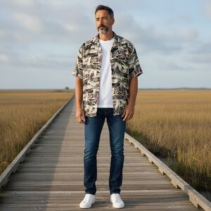 VTG 90s Multicolor Robert Stock Mens XL Silk Short Sleeve Button Up With Pocket